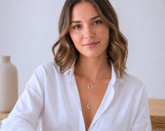 Sterling Silver Crescent Moon Lariat Necklace: Celestial Jewelry Gift JP1012-248D