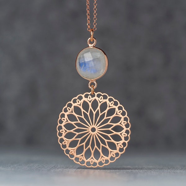 Moonstone Mandala Necklace / Rose Gold Yoga Gift / Sterling Silver Gemstone Pendant