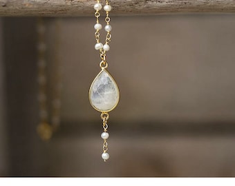 Teardrop Moonstone Necklace, Gold Plated Sterling Silver Chain, Freshwater Pearls N14