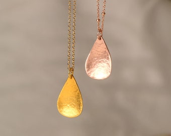 Gold Hammered Necklace / Teardrop Necklace / Mother's day Gift/ Rose Gold Layering / Dainty Necklace