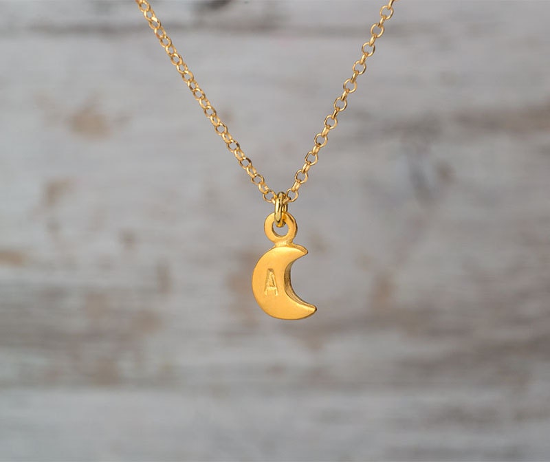 Tiny Personalized Crescent Moon Necklace Gold Initial Everyday | Etsy