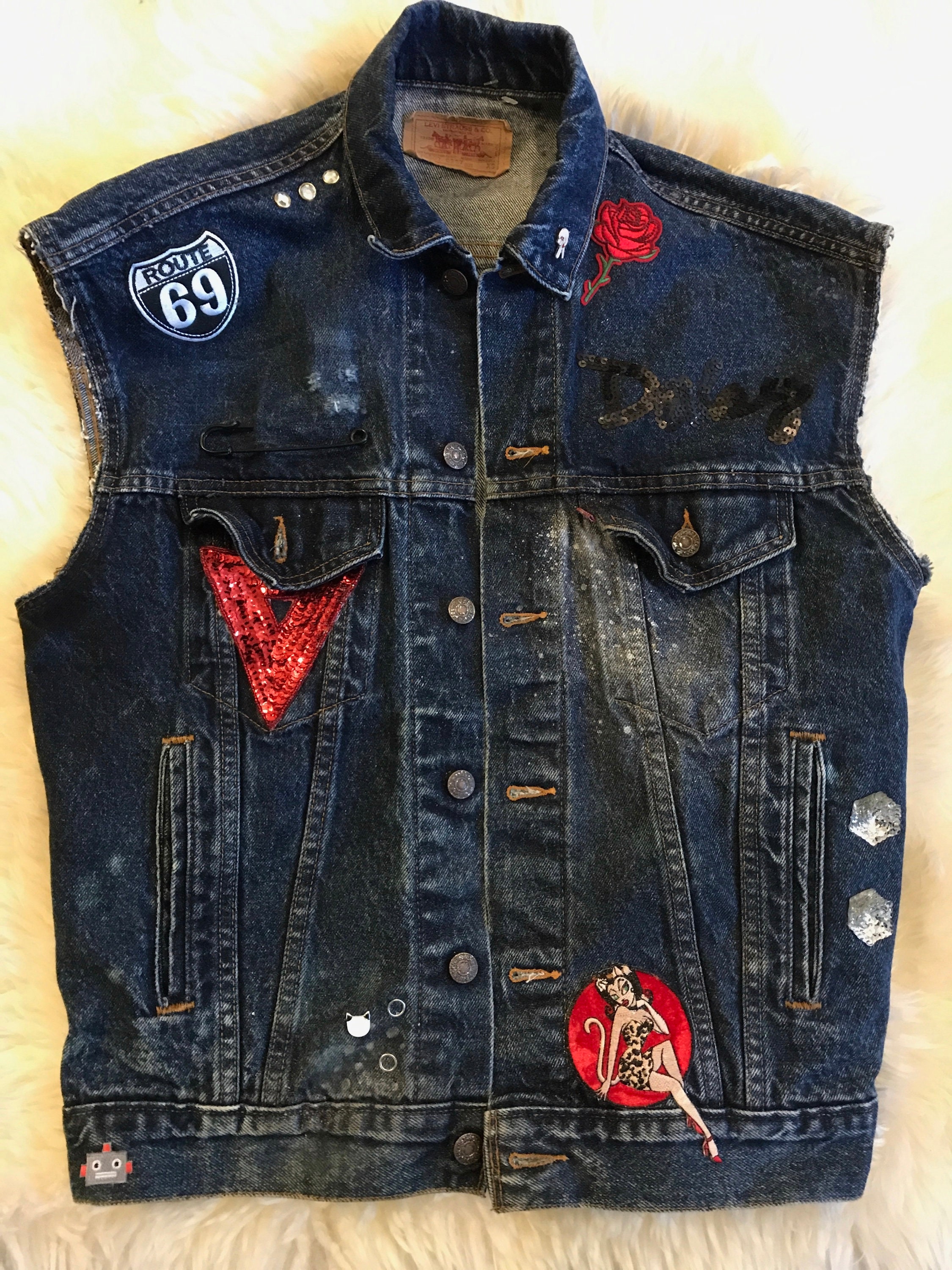 Vintage Up-cylced Designer Denim Levi Strauss Vest Patched Painted ...