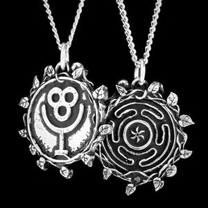 Double-Sided Hecate Maze and Dionysus(aka Bacchus) Symbol Pendant, Strophalos of Hecate