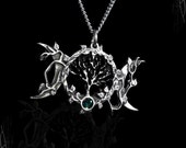 Wiccan Triple Moon necklace with Yggdrasil, Tree of life, Hecate Demeter, orned with a gemstone of your choice