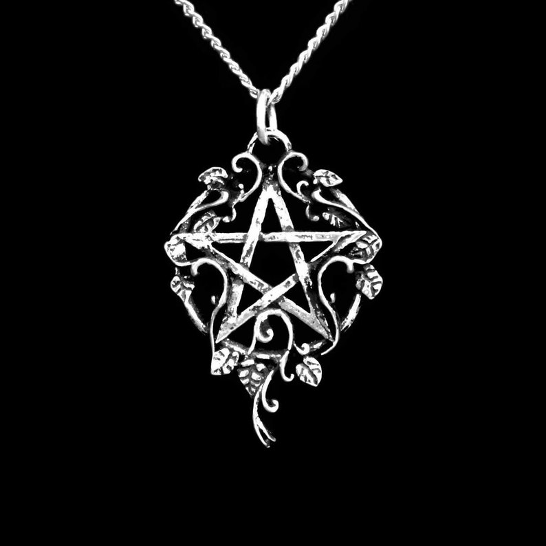 Puede incluir: Collar con colgante de plata con un pentagrama con intrincados detalles florales. El pentagrama est&aacute; rodeado por un dise&ntilde;o de enredadera con hojas.