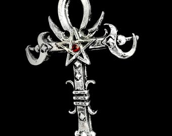 Anchronepath gothic Ankh Pendant with Pentagram and Custom Swarovski Crystal