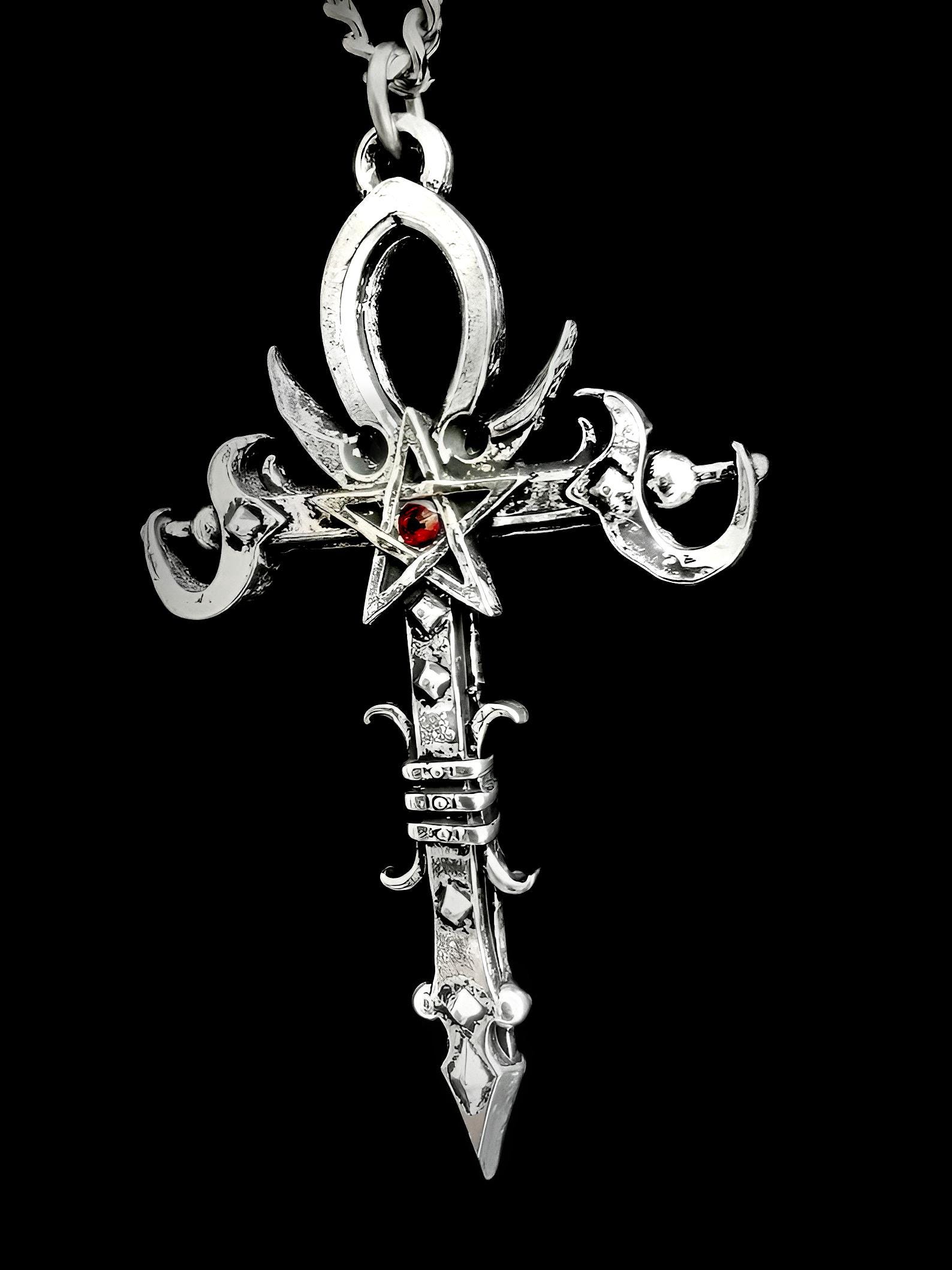 Anchronepath Gothic Ankh Pendant With Pentagram and Custom
