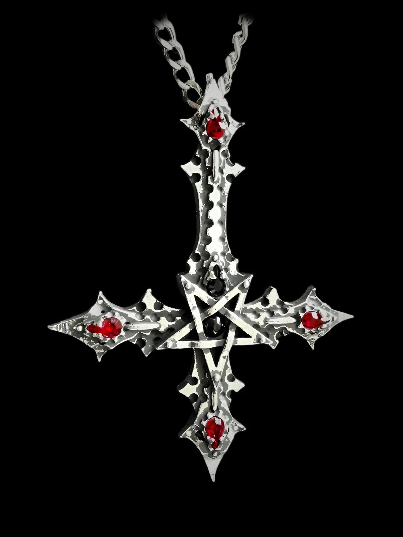 Pentacriss Inverted Gothic Cross Pendant With Inverted Pentagram