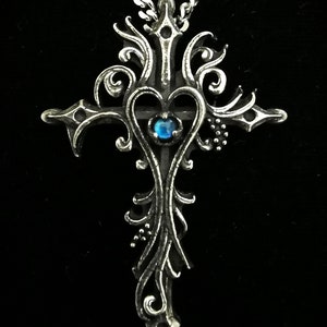 Handmade Gothic Cross with heart, an antique finish, and a gemstone of your choice