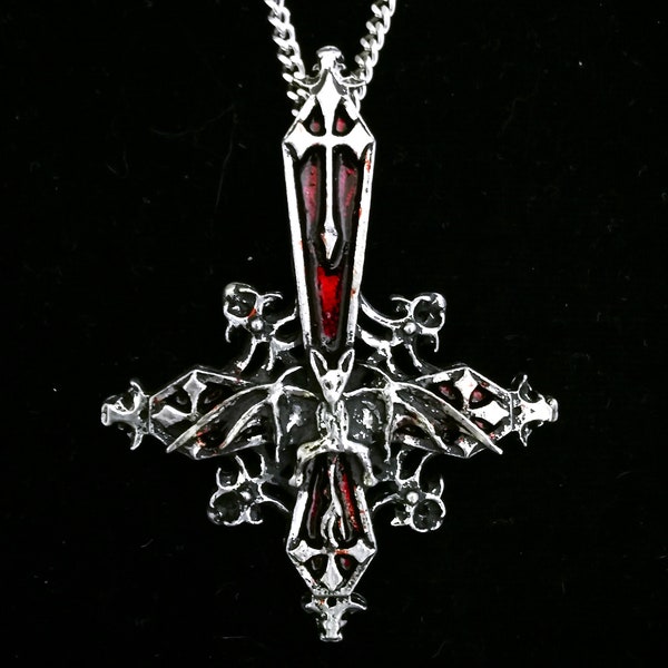 Croix gothique vampirique inversée avec chauve-souris