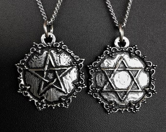 Double sided pentagram and hexagram pendant with antique finish