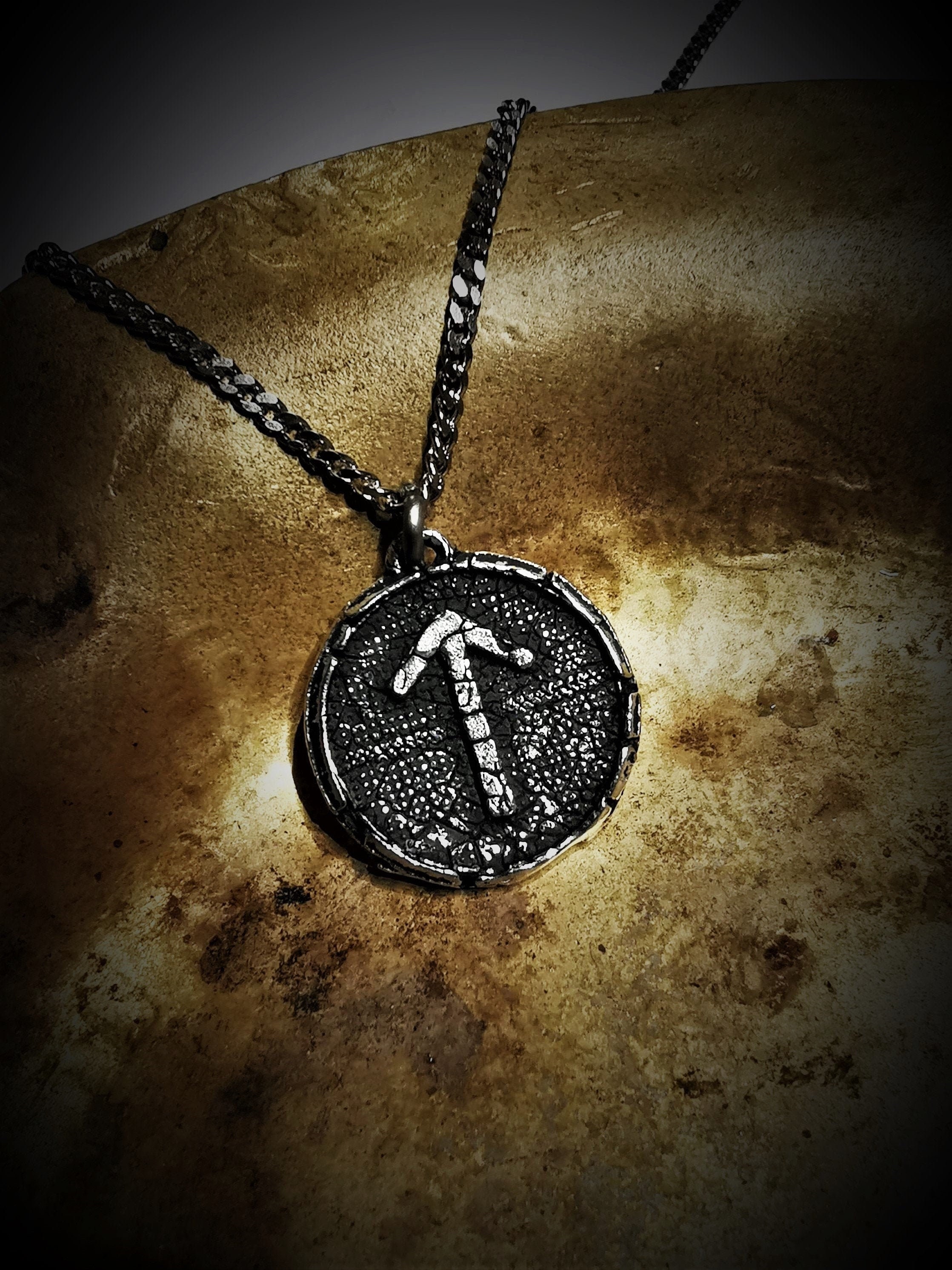 Handmade Tiwaz aka Teiwaz rune necklace with antique finish