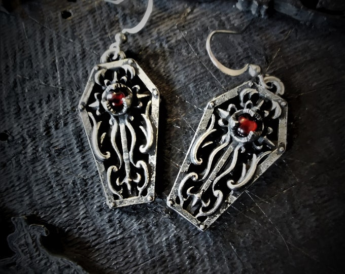 Handmade Gothic Coffins Earrings with gothic cross and a gemstone of your choice