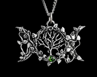 Wicca-Anhänger mit dreifachem Mond, ornamentaler Ranke und Lebensbaum