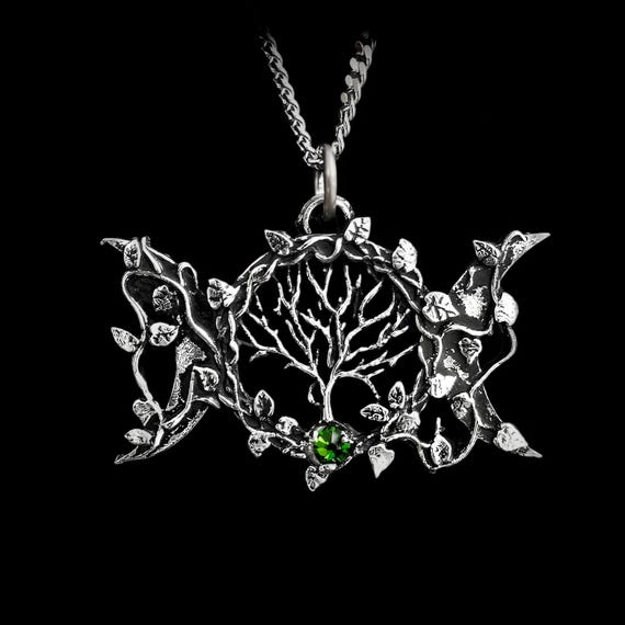 Wiccan Triple Moon Pendant with Ornamental Vine and Tree of Life