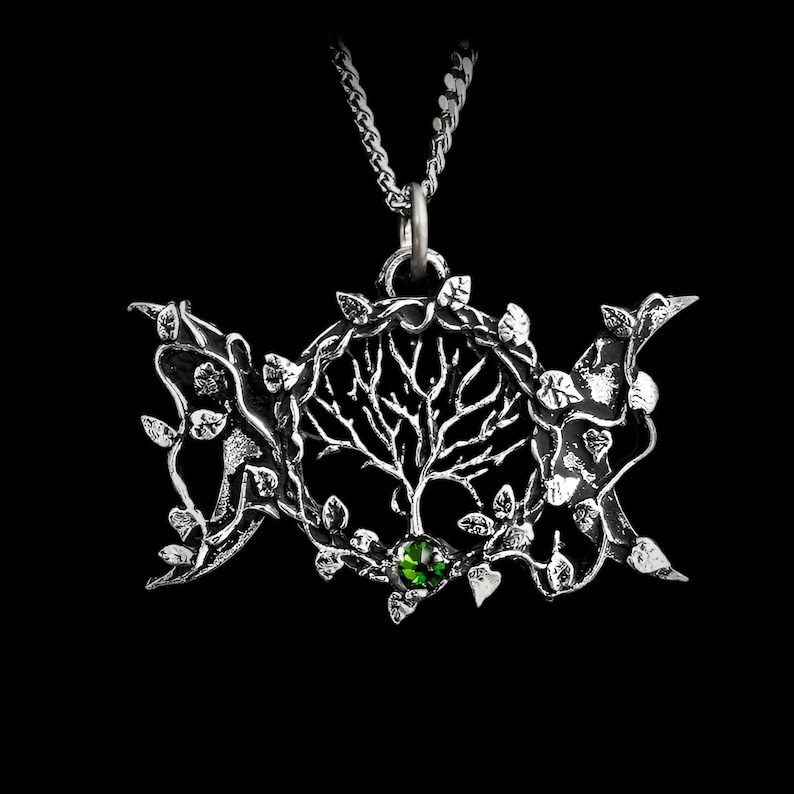 Wiccan Triple Moon Pendant with Ornamental Vine and Tree of Life image 1