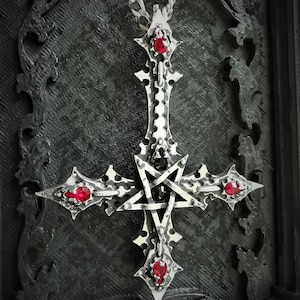 Inverted Gothic Cross Pendant with Inverted Pentagram and Custom Swarovski Crystals