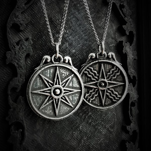 Double sided necklace of the Star of Inanna(aka Ishtar, aka Venus) and Shamash (aka solar disc of Utu, aka Assyrian star or Chaldean star)