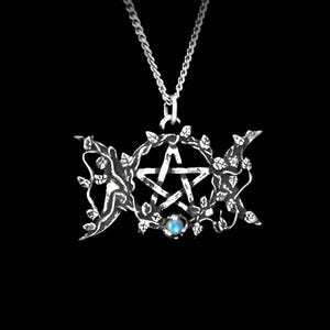 Wiccan Triple Moon Pendant with Ornamental Vine and Pentagram image 1