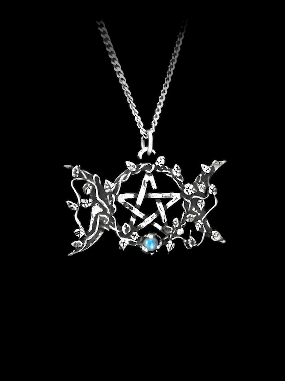 Wiccan Triple Moon Pendant with Ornamental Vine and Pentagram