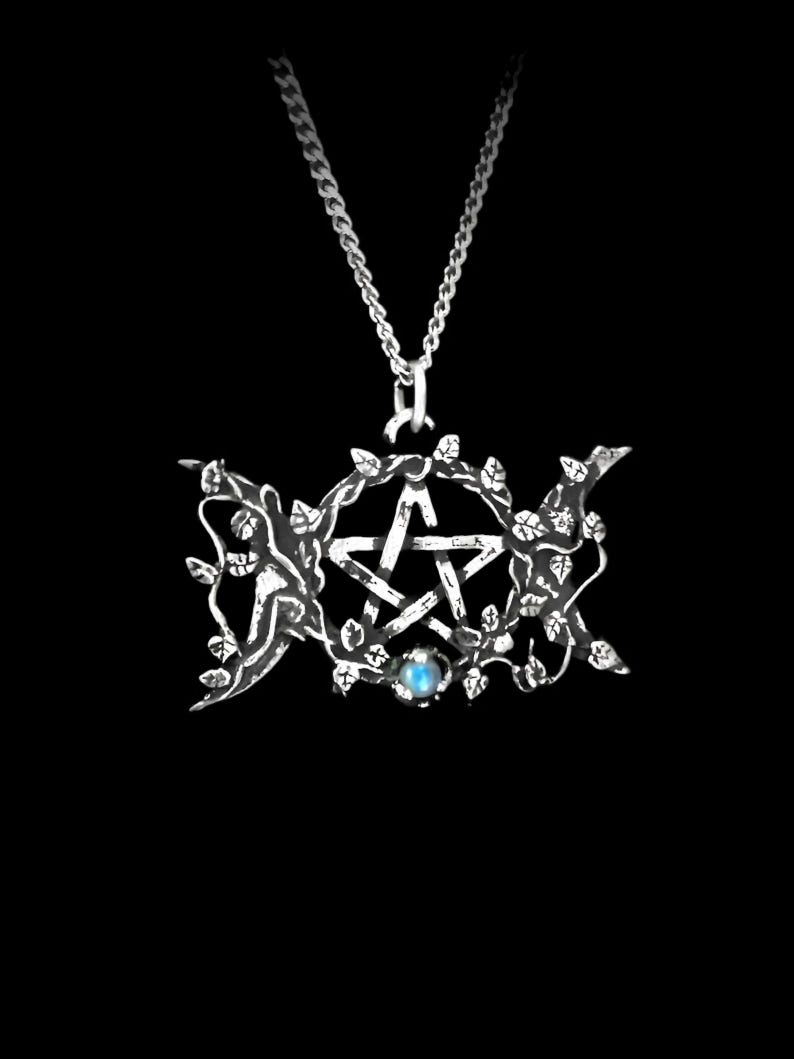 Wiccan Triple Moon Pendant with Ornamental Vine and Pentagram image 1