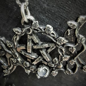 May include: A silver pendant necklace with a pentagram design surrounded by leaves and a clear gemstone. The necklace is on a silver chain.