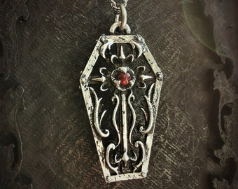 Gothic coffin necklace with gothic cross, orned with an antique finish and a gemstone of your choice