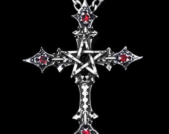 Pentacriss Gothic Cross Pendant with Swarovski Crystal and Pentagram