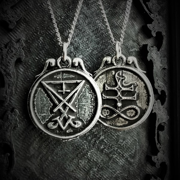 Collier double cotés du sceau de Lucifer avec croix de Léviathan, croix sulfur ou croix satanique