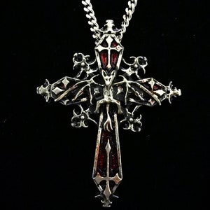 Fangassius Vampiric Cross Necklace with Bat and Blood Red Tint