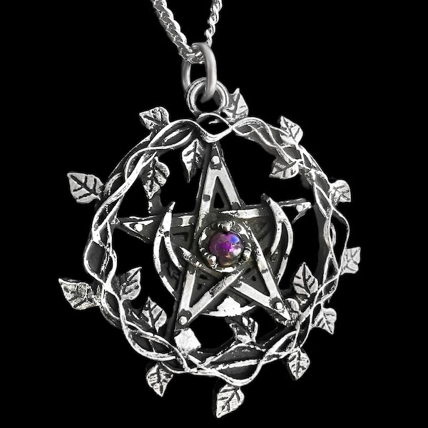 Colar de Pentagrama Wiccan Druídico com Coroa de Folhas e Lua, The Pentalune