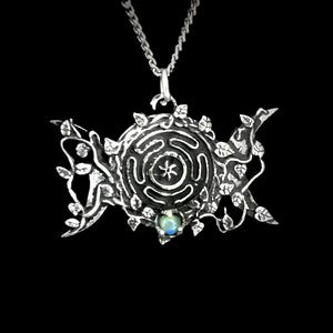 Wiccan Triple Moon Pendant with Ornamental Vine and Hecate's Wheel, Strophalos of Hecate