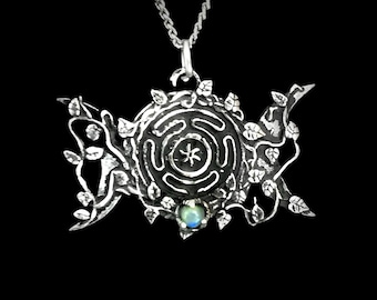 Wiccan Triple Moon Pendant with Ornamental Vine and Hecate's Wheel, Strophalos of Hecate