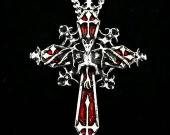 Fangassius Vampiric Cross Necklace with Bat and Blood Red Tint