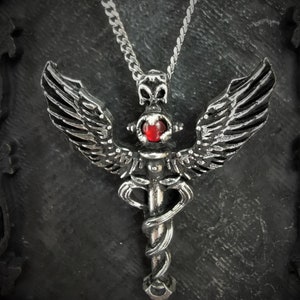 Dark Cleric Gothic Caduceus Necklace with Skull and Custom Gemstone