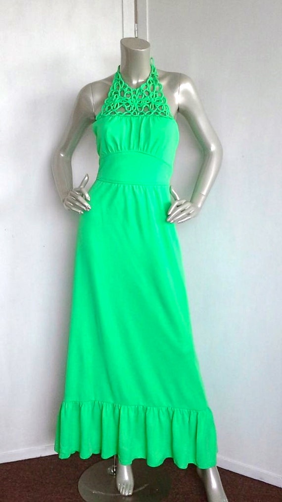 Vintage 70s Dress / Green Maxi Dress / Vintage 70s