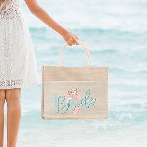 Braut Flamingo Strandtasche | Junggesellinnenabschied Jute Jute Tragetasche Favor | Strand Junggesellinnenabschied Willkommen Tote Bag