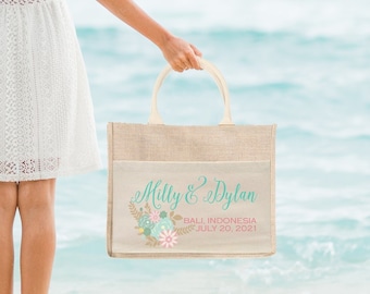 Floral Destination Wedding Welcome Bag | Destination Wedding Tote Bag Burlap Jute Bag Favor | Beach Wedding Welcome Tote Bag