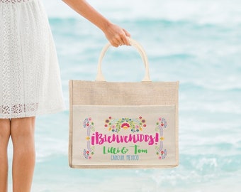 Bienvenidos Bolsa de bienvenida para bodas / Bolsa de mano para bodas de destino, bolsa de yute para recuerdos / Bolsa de bienvenida para bodas en la playa / Recuerdos para bodas en México