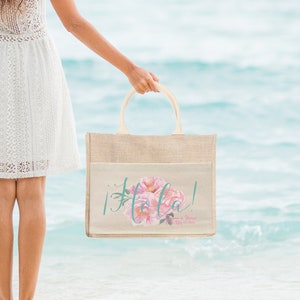 Floral Hola Wedding Welcome Bag | Destination Wedding Tote Bag Burlap Jute Bag Favor | Beach Wedding Welcome Tote Bag | Mexico Wedding Favor