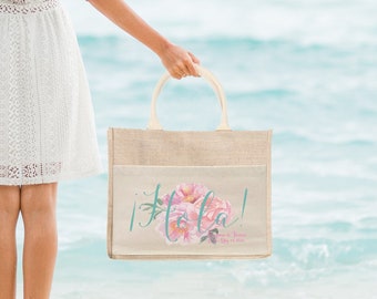Floral Hola Wedding Welcome Bag | Destination Wedding Tote Bag Burlap Jute Bag Favor | Beach Wedding Welcome Tote Bag | Mexico Wedding Favor