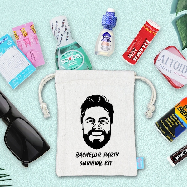 Bachelor Party Hangover Recovery Kit - Bachelor Oh Shit Kit - Kit de survie photo personnalisé - Sac de faveur à double cordon en toile de coton lourd