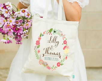 Modern Couple Floral Wreath Personalized Totes - Wedding Welcome Tote Bag