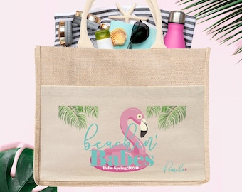 CUSTOM listing for CECE -Beachin Babes Personalized Flamingo Bag | Let's Flamingle Bag | Bachelorette Party Burlap Jute Tote Bag Favor