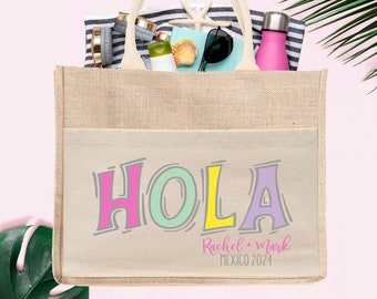 Hola Colorful Wedding Welcome Bag / Bienvenidos Destination Wedding Tote Bag Burlap Yute Bag Recuerdo / Mexico Beach Wedding Welcome Tote Bag