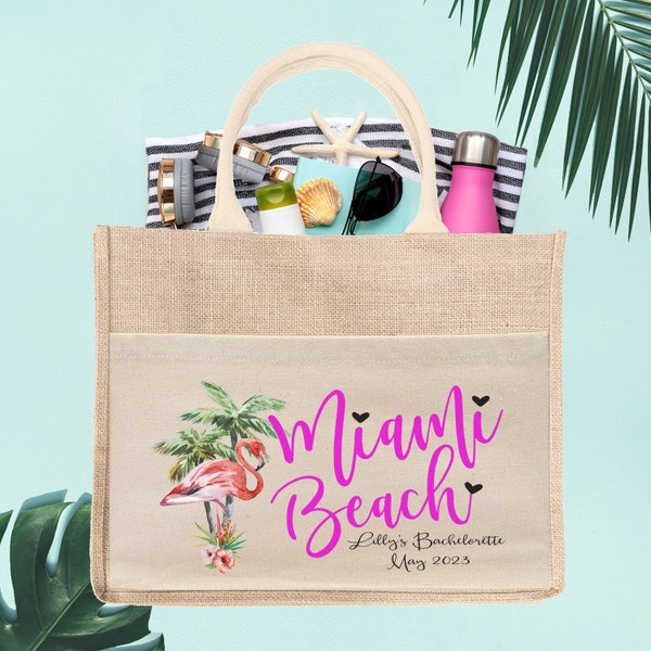 Sac de plage Palm Flamingo Miami Beach | Bachelorette Party Toile de jute Sac fourre-tout en jute Faveur | Tote Bag Bienvenue sur la plage Bachelorette Party