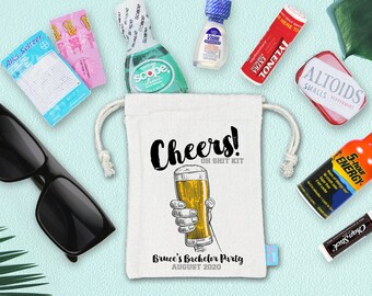 Bachelor Party Hangover Recovery Kit - Bachelor Groomsmen Favor - Cheers Brew - Heavy Weight Cotton Canvas Double Drawstring Mini Favor Bag