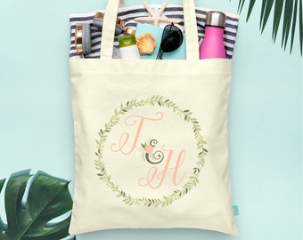 Floral Monogram Wreath Personalized Totes - Wedding Welcome Tote Bag