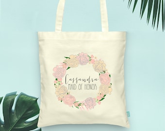 Floral Bridal Party Bridesmaid Maid of Honor Wreath Tote- Wedding Welcome Tote Bag