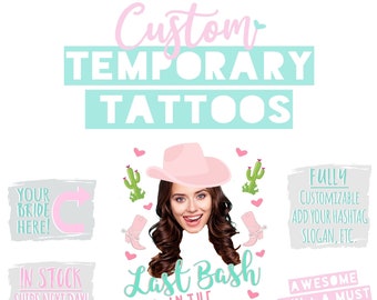 Può includere: Un tatuaggio temporaneo rosa e verde con un cappello da cowboy e il testo "Last Bash in the Nash!"  Completamente personalizzabile, aggiungi il tuo hashtag, slogan, ecc. Divertimento fantastico + un regalo irrinunciabile.